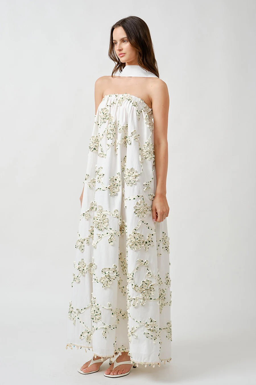 Cotton Ribbon Full Maxi Dress - Green/White