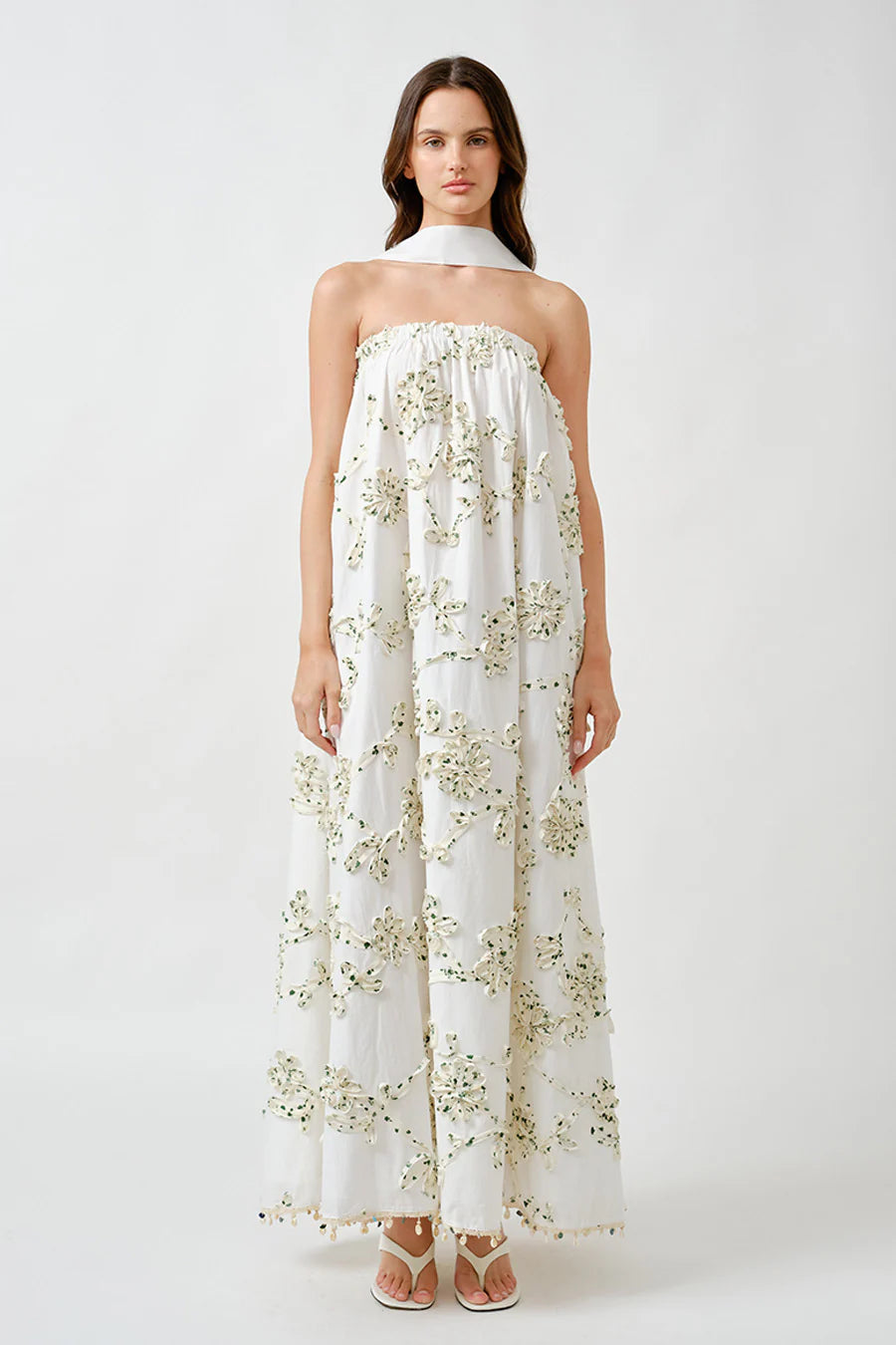 Cotton Ribbon Full Maxi Dress - Green/White