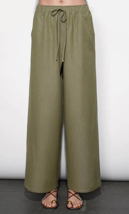 Paisley Wide Leg Pull On Pants Olive