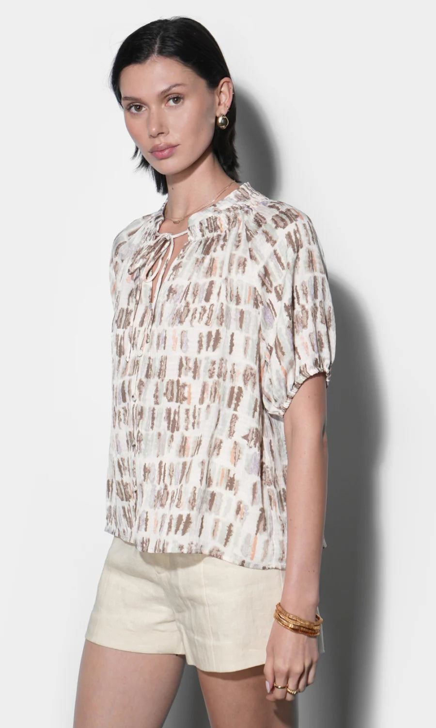 Bella Short Sleeve Button Down Blouse Ivory Combo