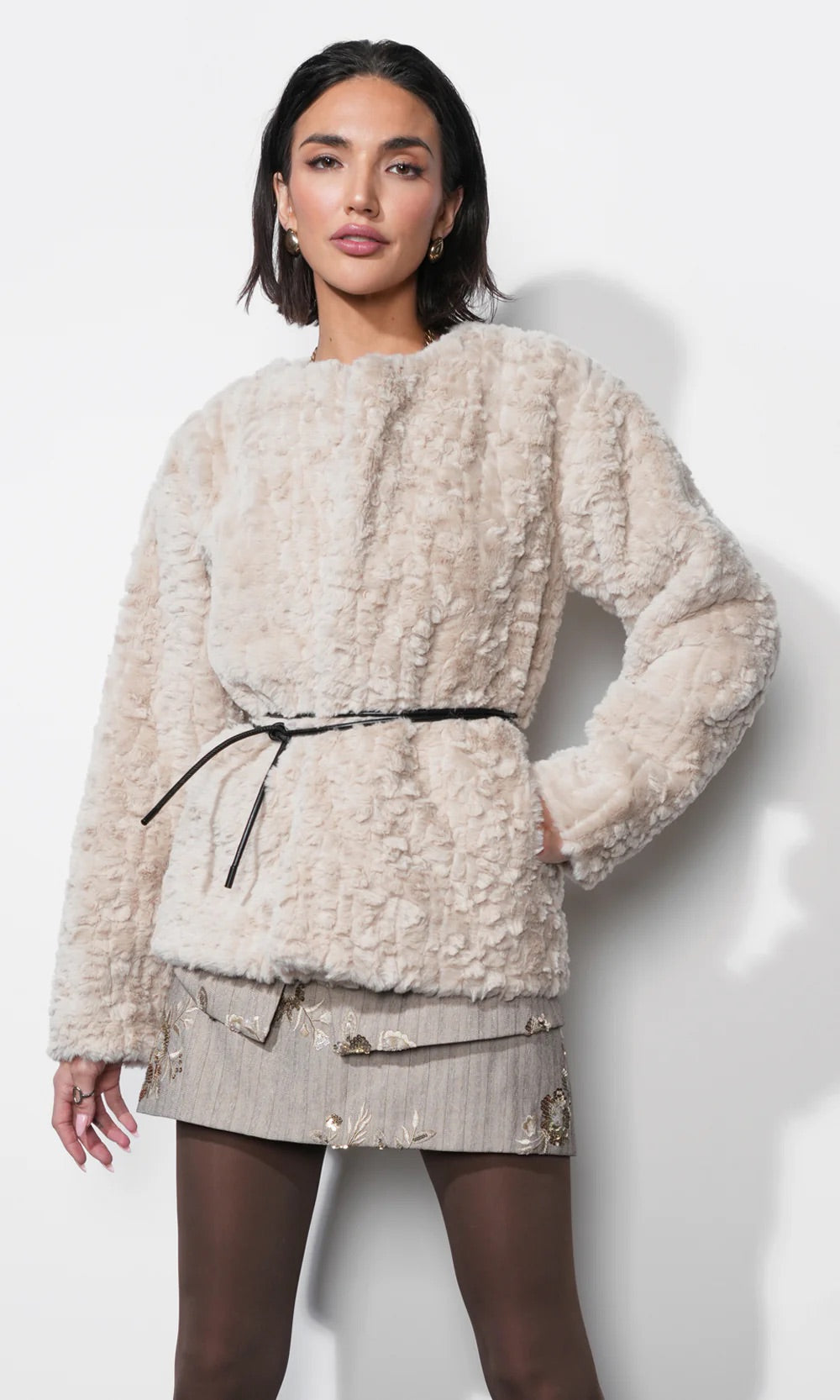 Yuri Collarless Faux Fur Jacket with Tie Belt - Cream