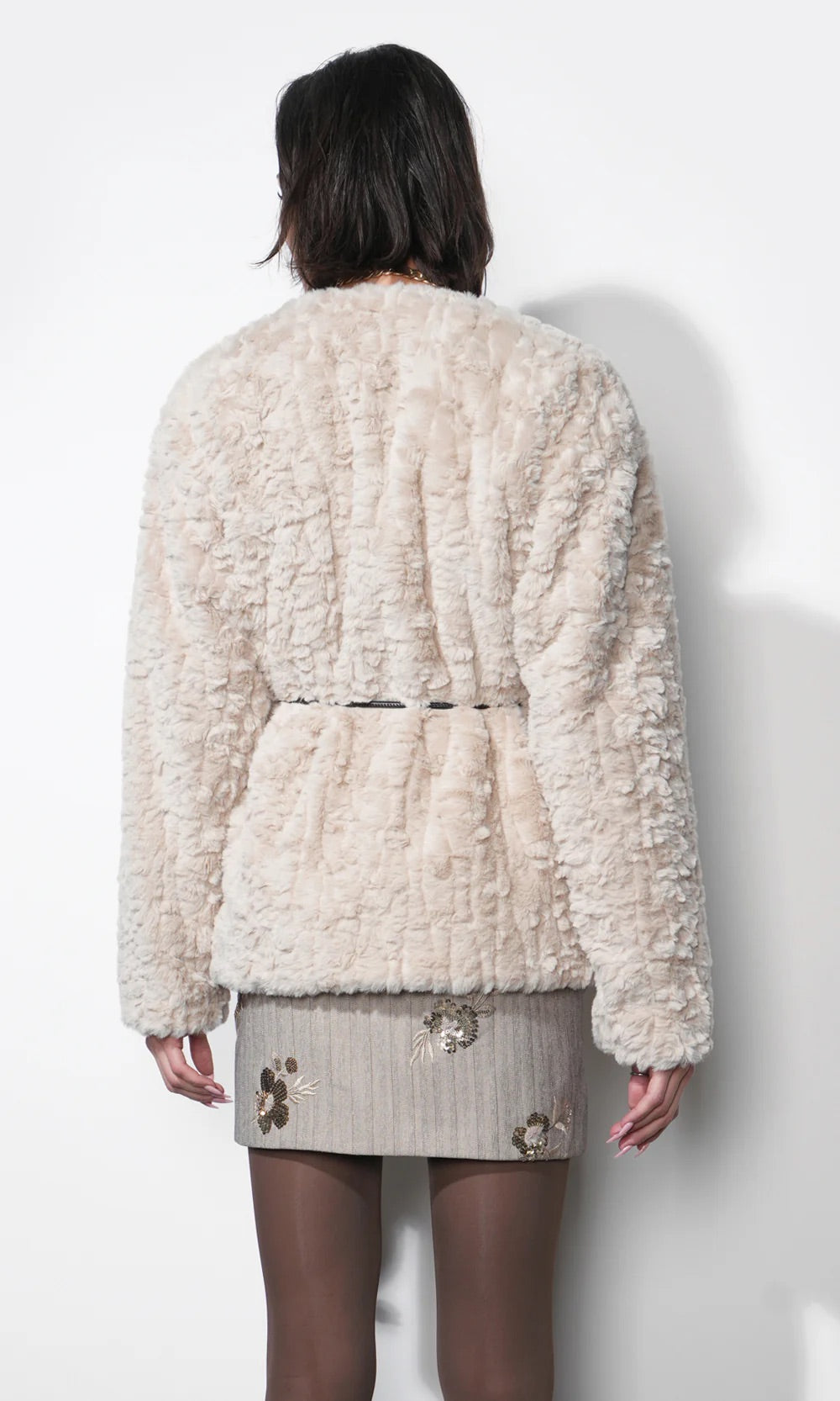 Yuri Collarless Faux Fur Jacket with Tie Belt - Cream