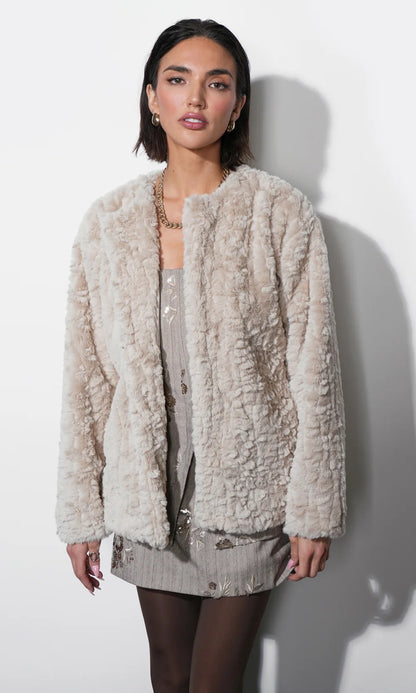 Yuri Collarless Faux Fur Jacket with Tie Belt - Cream