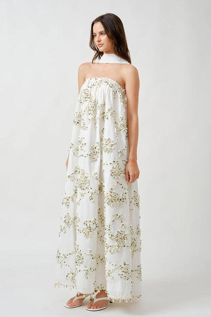 Cotton Ribbon Full Maxi Dress - Green/White
