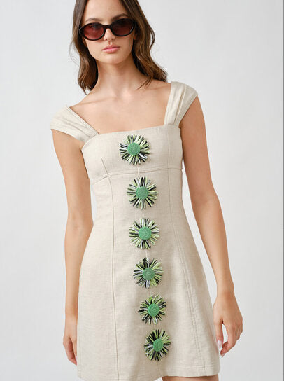 Linen Mini Dress w/Raffia Flowers - Burlap