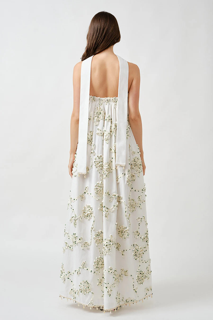 Cotton Ribbon Full Maxi Dress - Green/White