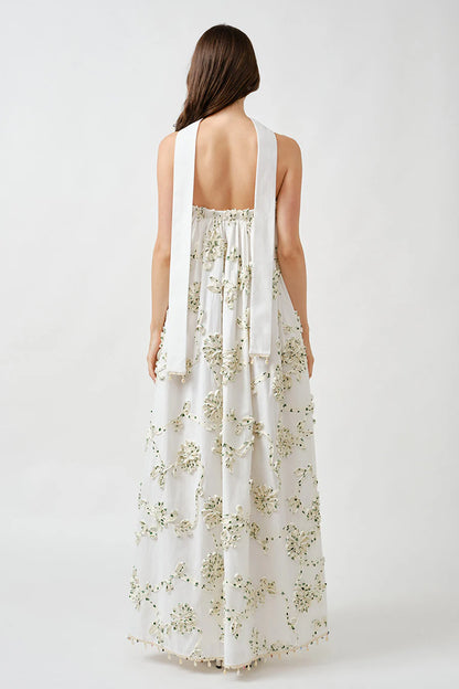 Cotton Ribbon Full Maxi Dress - Green/White