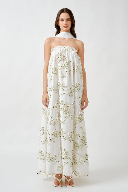 Cotton Ribbon Full Maxi Dress - Green/White
