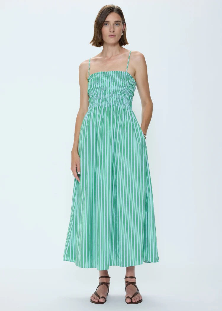 Bianca Shirred Bodice Dress Green Blue Stripe