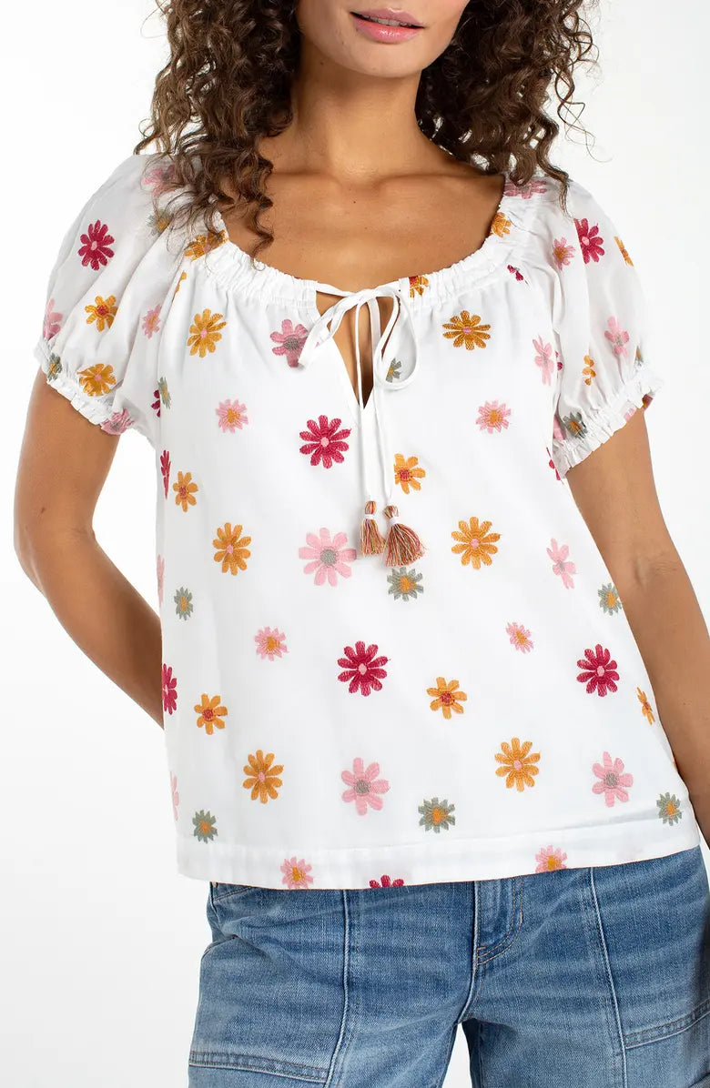 Short Sleeve Tie Neck - White Multi Flower