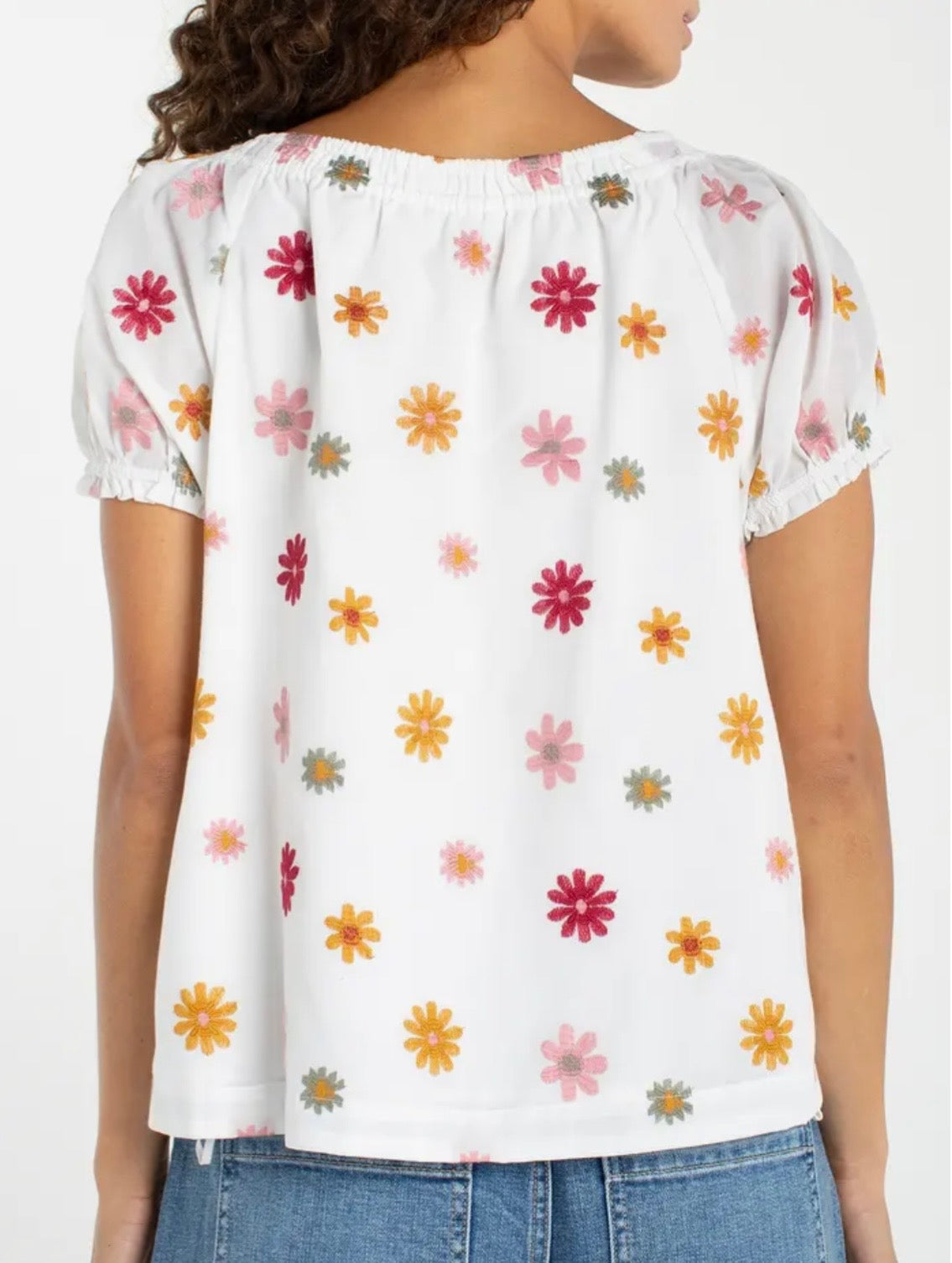 Short Sleeve Tie Neck - White Multi Flower