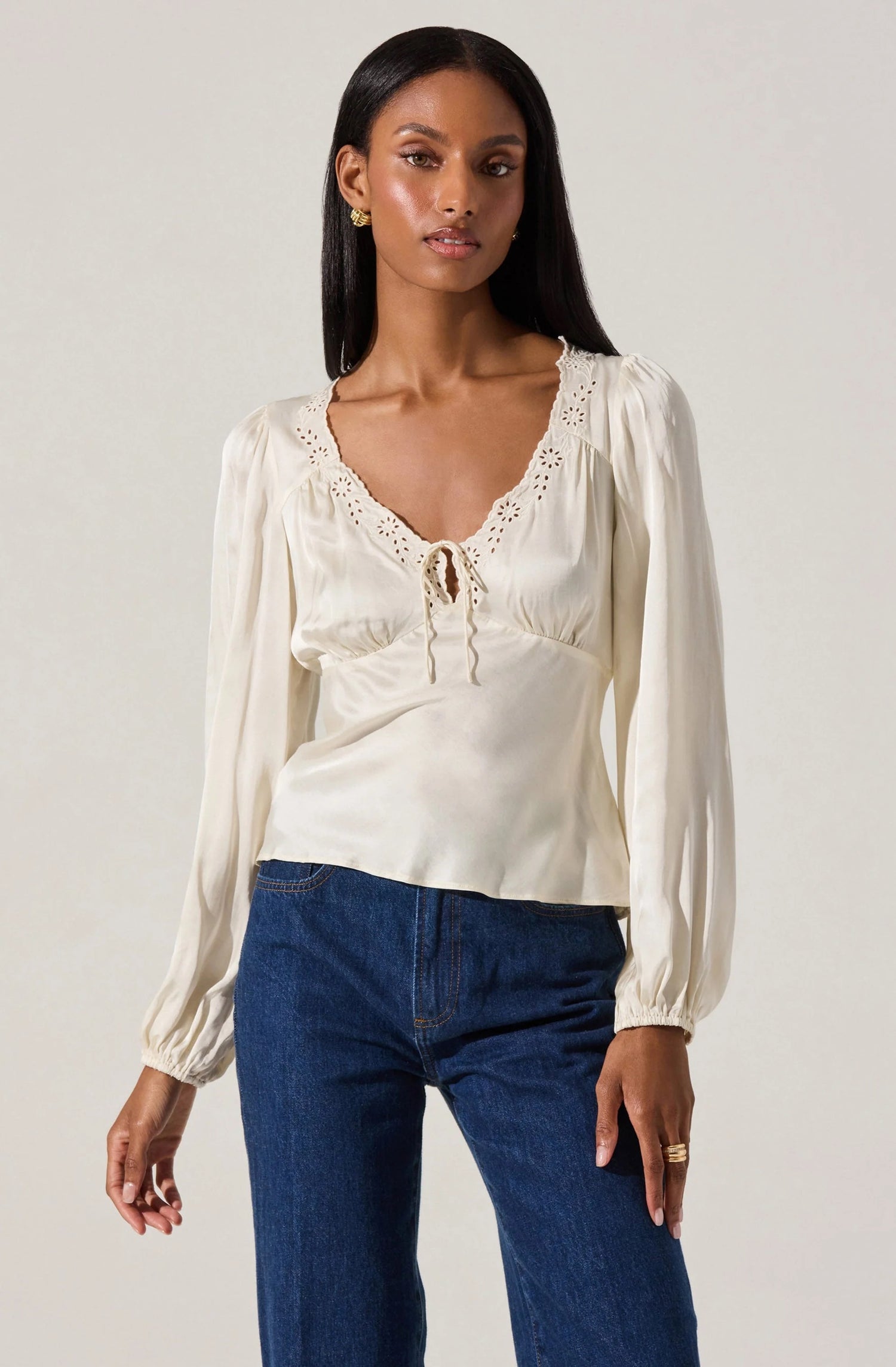 Roya Eyelet Trim Satin Top