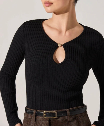 Lynly Ribbed Keyhole Sweater - Black